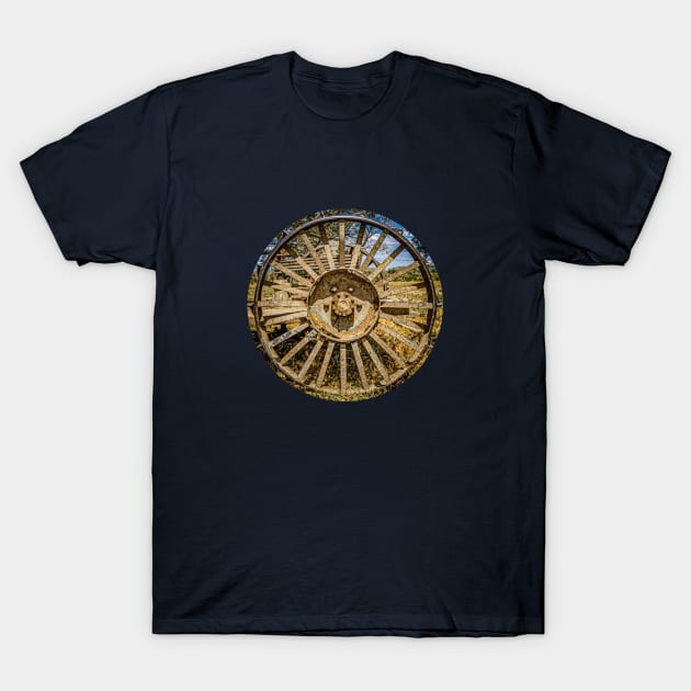 old rusty farm machine wheel in a farm T-Shirt by rickylabellevie